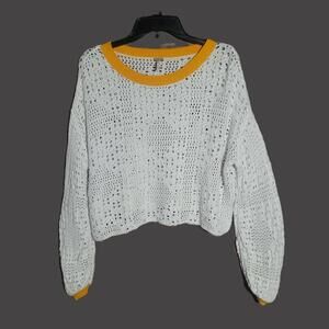 Free People Home Run Sweater Open-Weave Cropped Pullover Ivory/Yellow - Size M